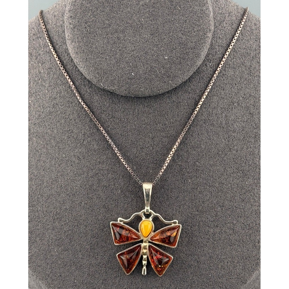 Vintage Baltic Amber Butterfly Pendant Necklace 925 Sterling Silver Italy 20"